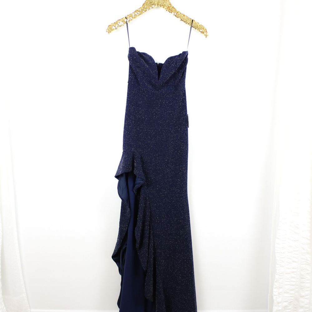 Blue Glitter Bandeau Asymmetrical Ruffle Dress - Picture 6 of 8